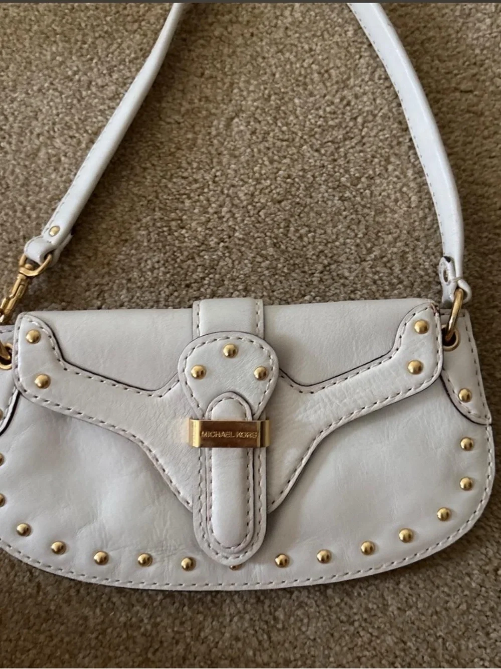 Michael Kors White Leather Mini Shoulder Bag with Gold Studs